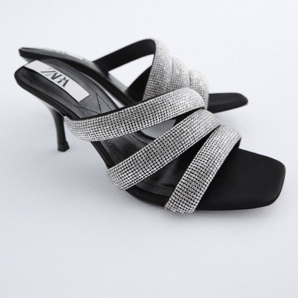 NWT ZARA Sparkly Rhinestone Strap Heeled Sandals 6.5 - Picture 3 of 5